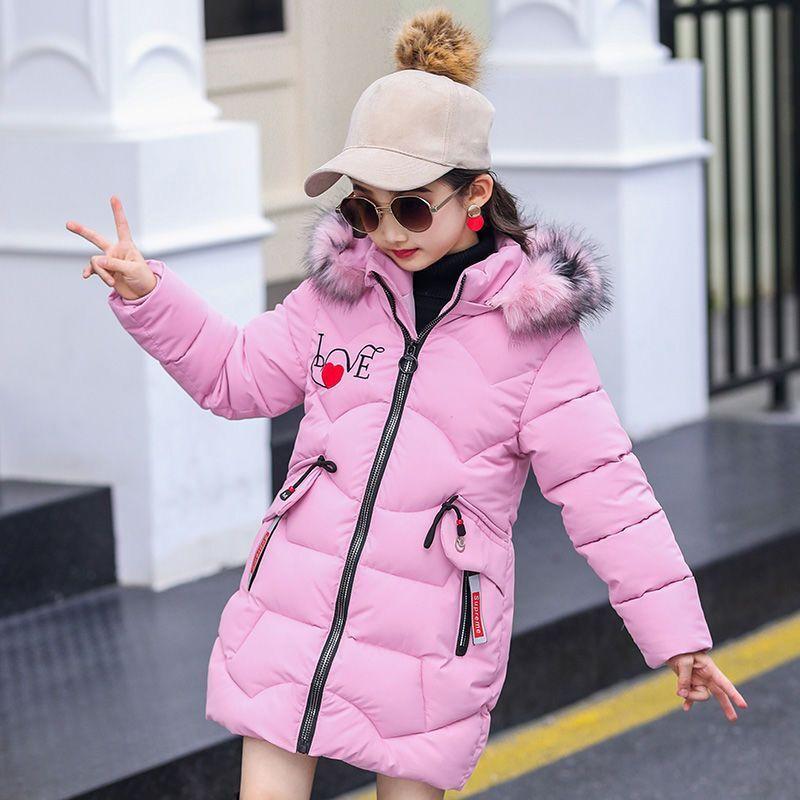 Winter Girls' Cotton Jacket Thick Keep Warm Winter Girls Jacket Fur Collar Heart Pattern Padded Detachable Hat Hooded Heavy Coat for Children