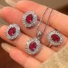Jewelry Set Red Corundum Necklace Zircon Treasure Needle Earrings Banquet Girl