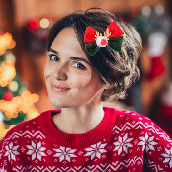 Рождественские заколки для волос, заколка-бант из рогов оленя с меховым шариком, рождественский бант, головной убор для женщин и девочек, праздничный аксессуар для волос