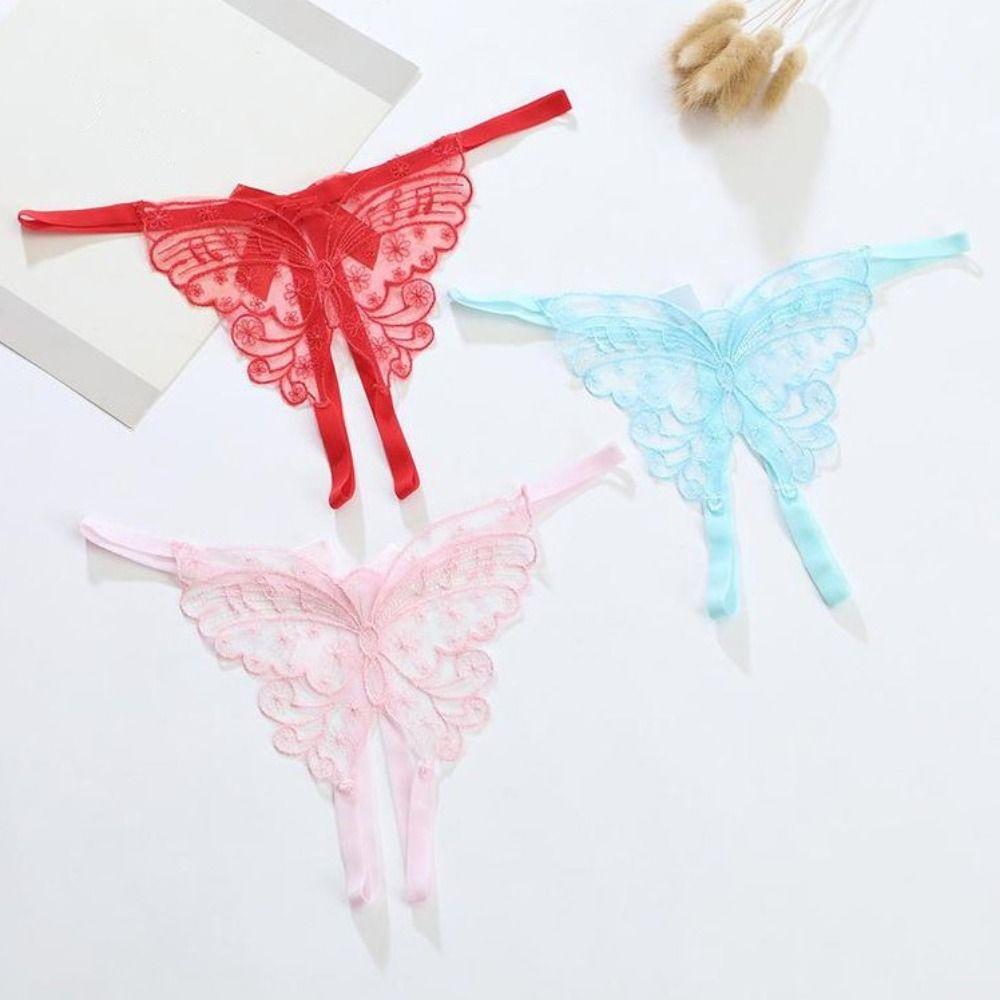 Butterfly Sexy Mesh Thongs Open Crotch Bowknot T-Pants Lace Embroidered Panties Anniversary