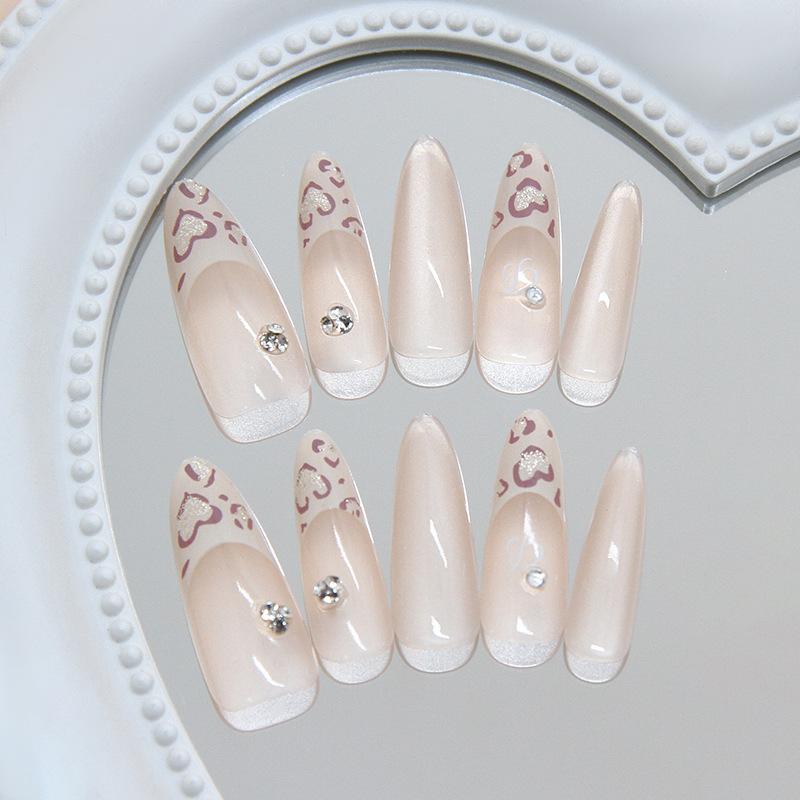 Milk apricot French cat's eye sparkle diamond purple leopard print sweet cool ins wind removable nail art pieces 30 pieces