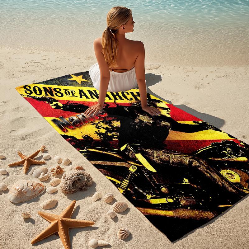 Custom Name Biker Anarchy Stylish Digital Printing Beach Towel Quick‑Drying Absorbent Blanket for Beach Pool Gym Travel