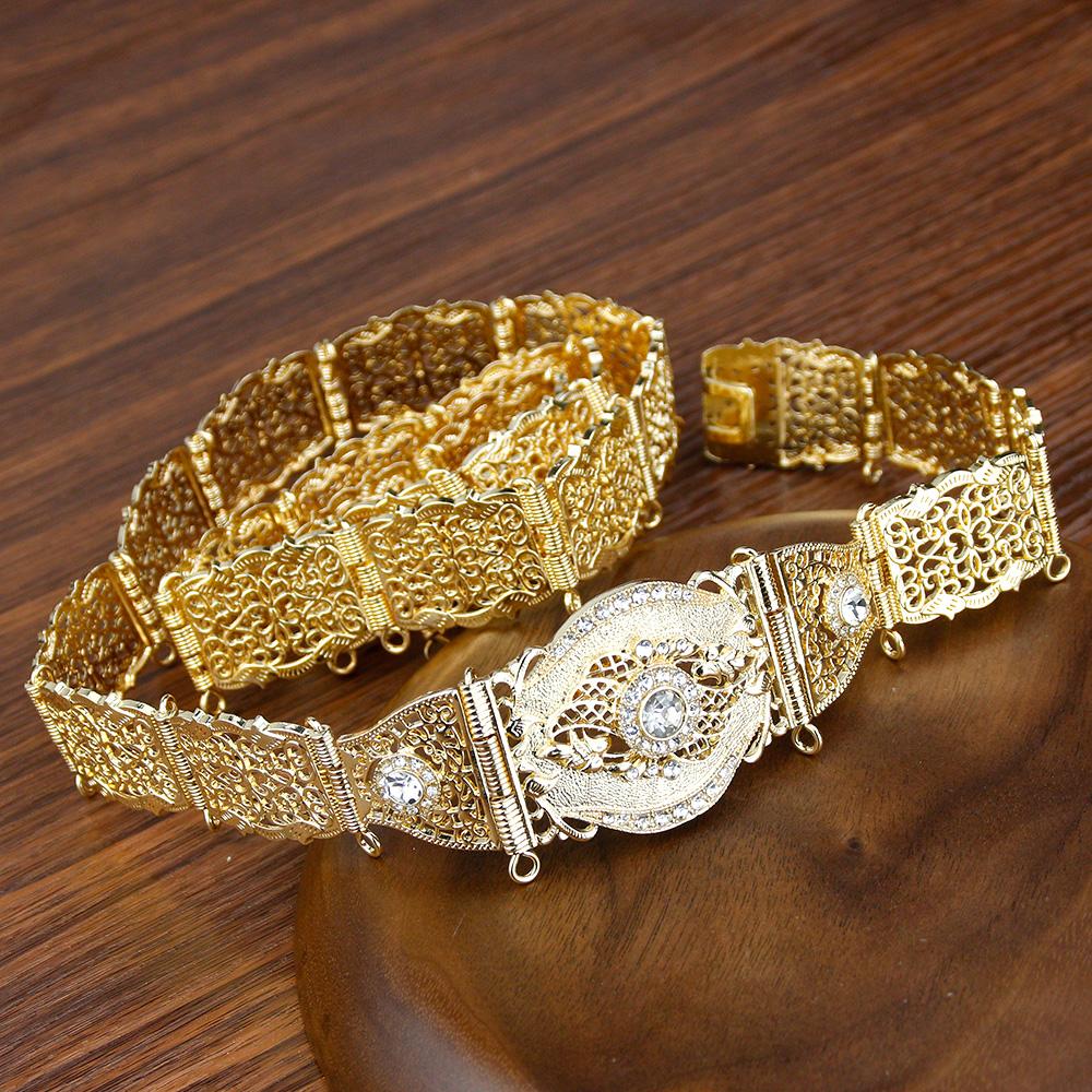 Gold Color Crystal Thin Belt For Women Waist Chain Adjustable Length Ethnic Bride Wedding Jewelry