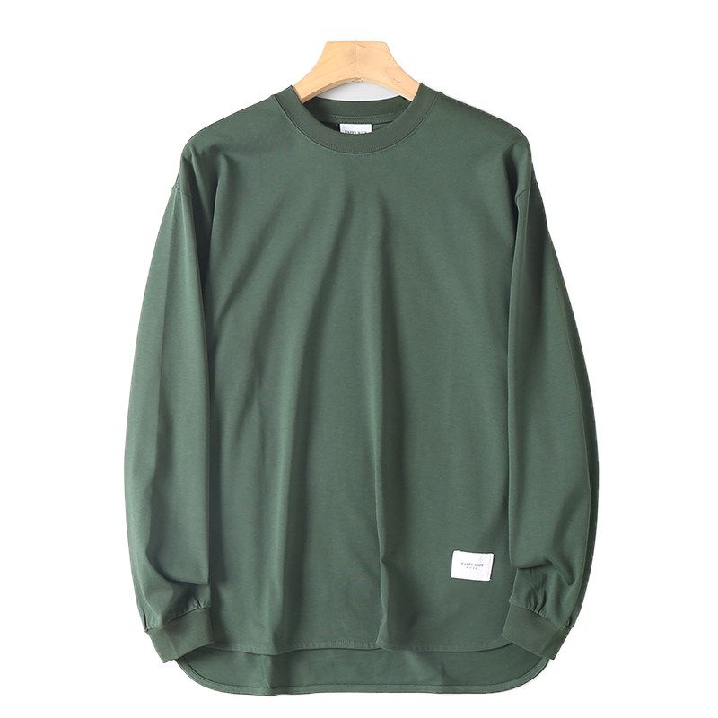 Foreign Trade Surplus Japanese Retro Washed Cotton Round Neck Long Sleeve T-Shirt for Men, Autumn Solid Color Loose Base Shirt