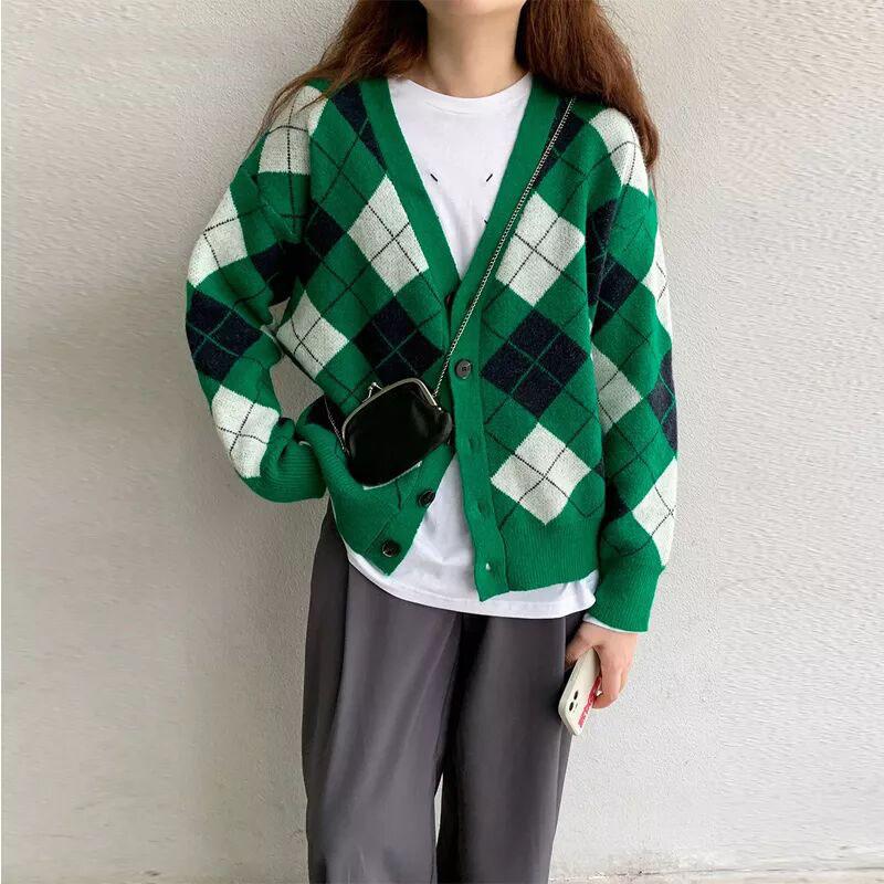 Винтажный клетчатый свитер, кардиганы, женская одежда, осень-зима 2023, однобортный однобортный корейский модный топ с длинными рукавами, C-064