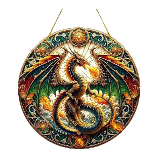 Window Hanging Pendant with Lanyard Realistic Dragon Printing Round Shape Sun Catcher Home Office Garden Decoration Panel Pendant