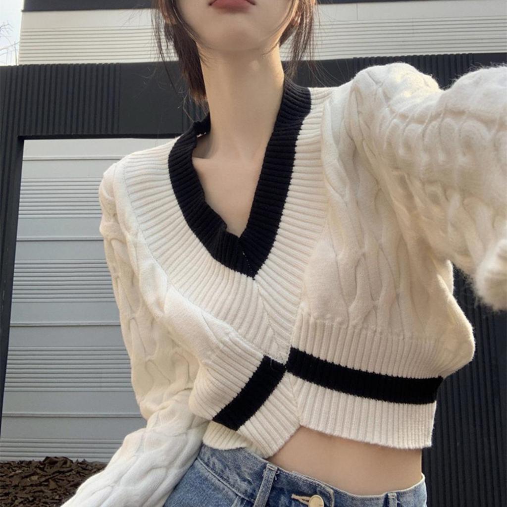 Striped Crop Sweater Women Patchwork Y2K Oversize V-neck Pullover Jumper Basic Loose Knitted Sweaters Tops
