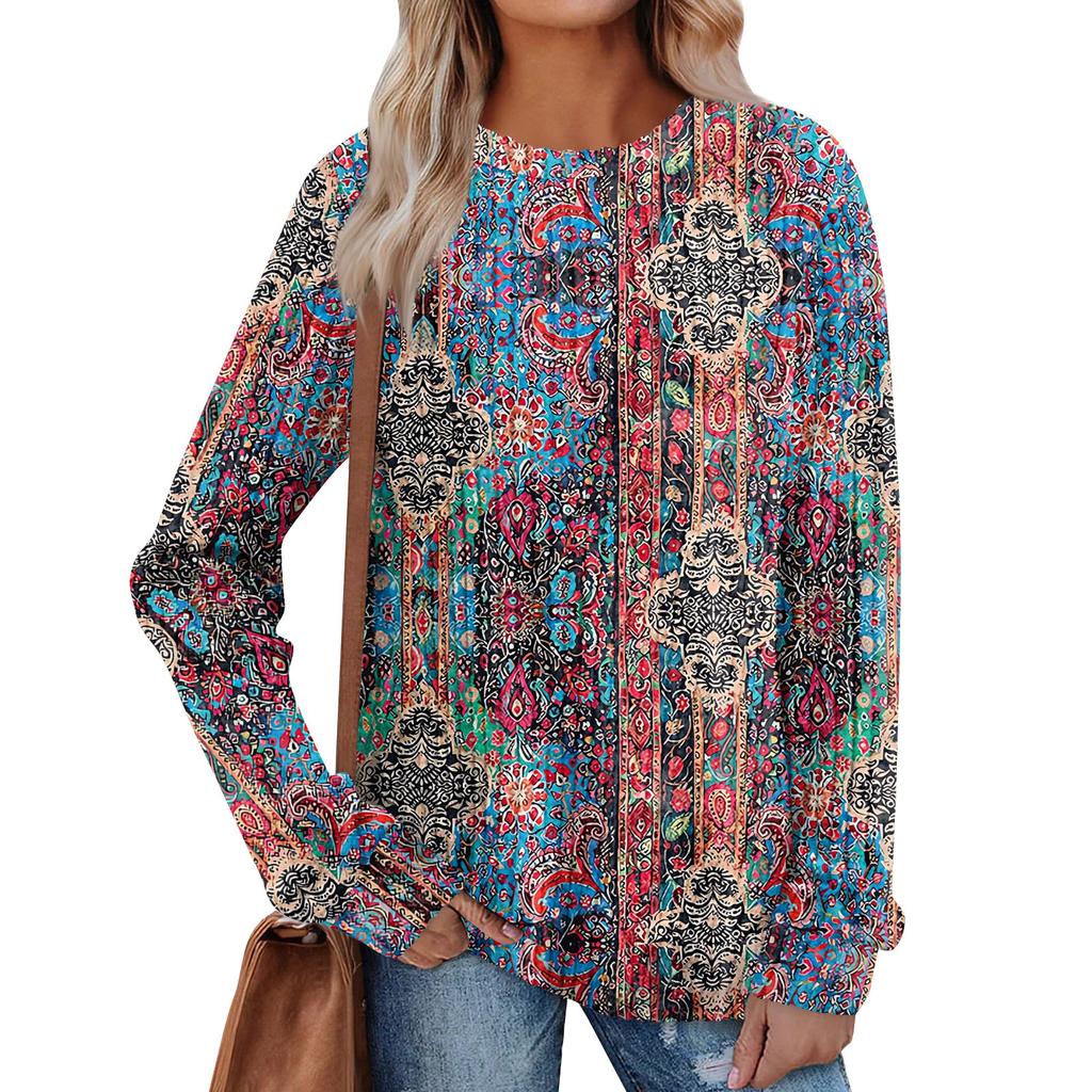 Women's Winter Color-Block Printed Lightweight Brushed-Cotton Round Neck Top