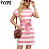 Женская мода лето весна полосатый принт с коротким рукавом и круглым вырезом с высокой талией повседневные платья