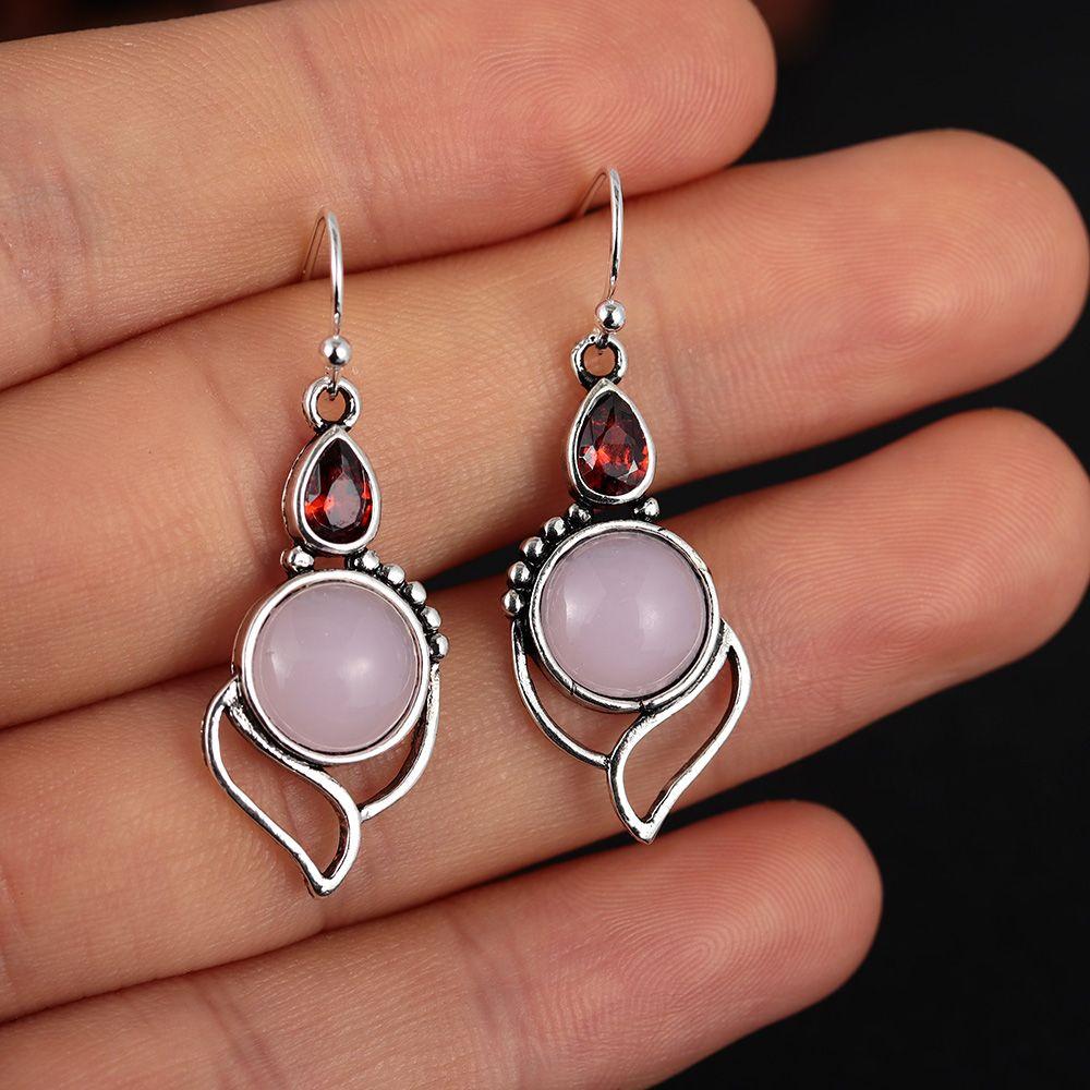 Wedding Jewelry Hook Multi-Gemstone Ear Stud Moonstone Earrings Opal Stone Garnet Ruby Chalcedony
