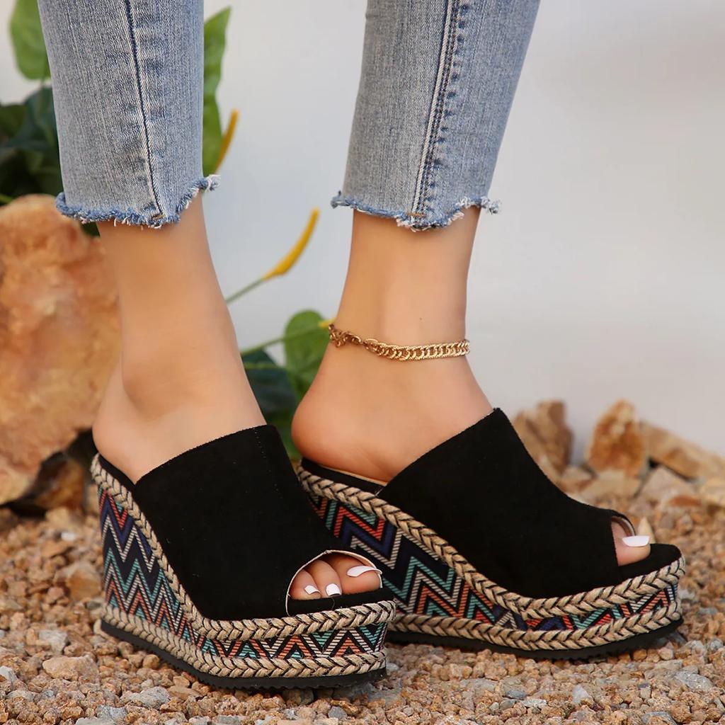 2024 Summer Foreign Trade New Round Head Fashion Color Europe and The United States Style One Word Women's Wedge Slippers