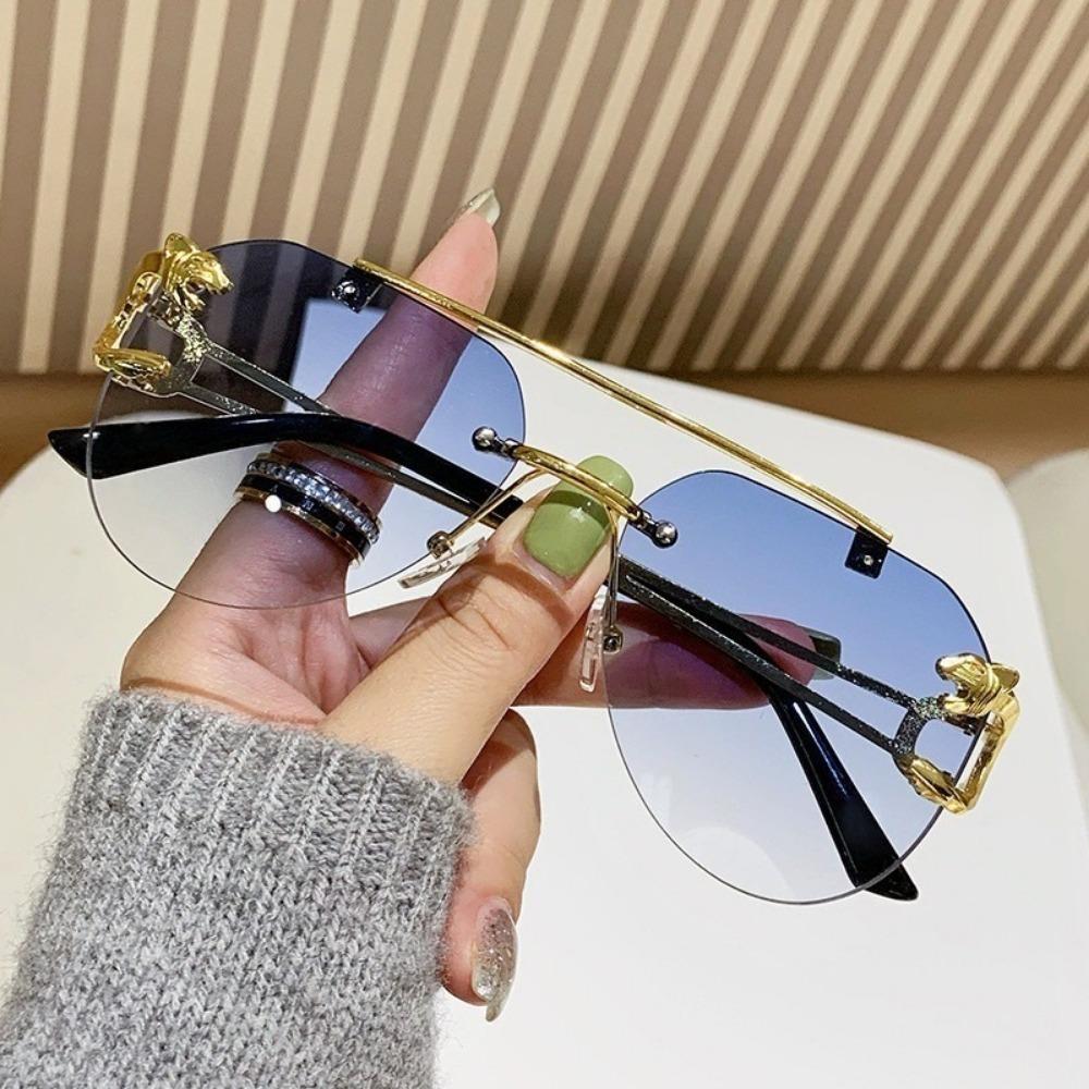 Квадратные солнцезащитные очки без оправы, разноцветные, мужские, женские, ретро, с металлической оправой с головой леопарда