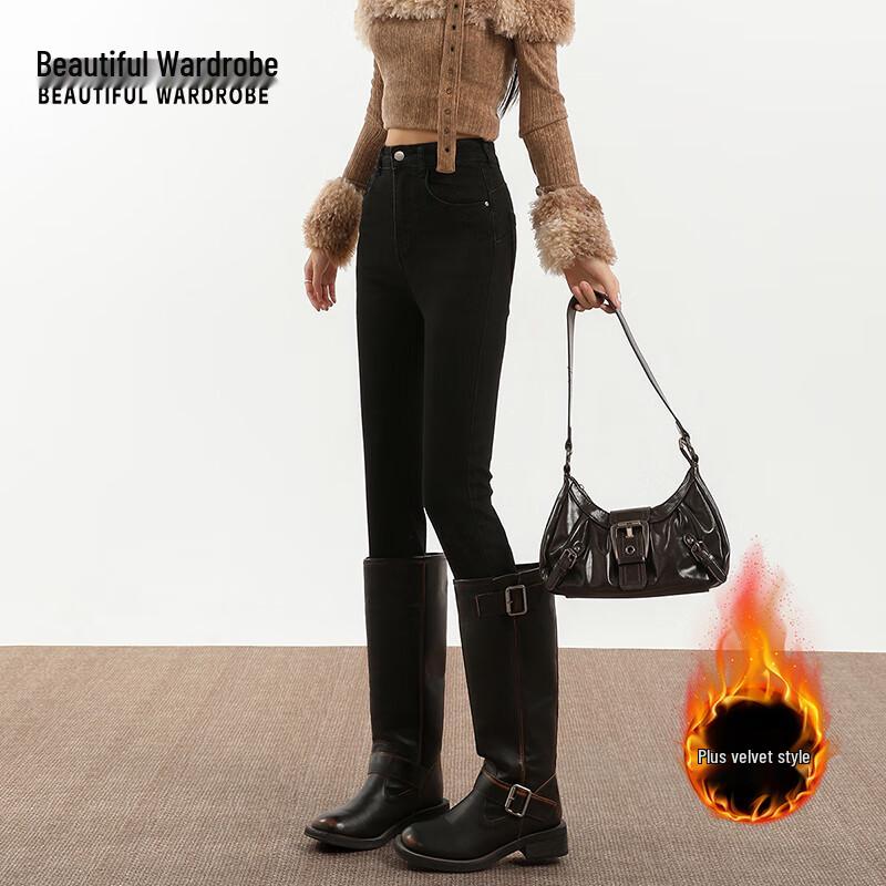 Женские ретро джинсы скинни с высокой посадкой и флисовой подкладкой