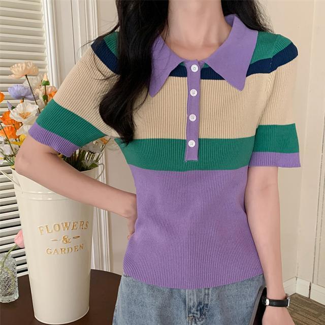 Вязаный свитер Wind Student Super Hot Color POLO Collar, женская летняя футболка с короткими рукавами больших размеров