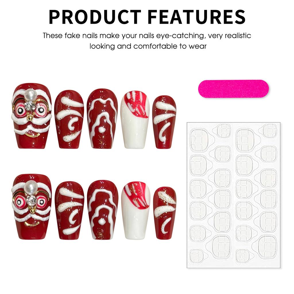 New Year Fake Nails with Lion Printed Ultra-flexible Long Lasting Fake Nails for Daily and Parties Wearing