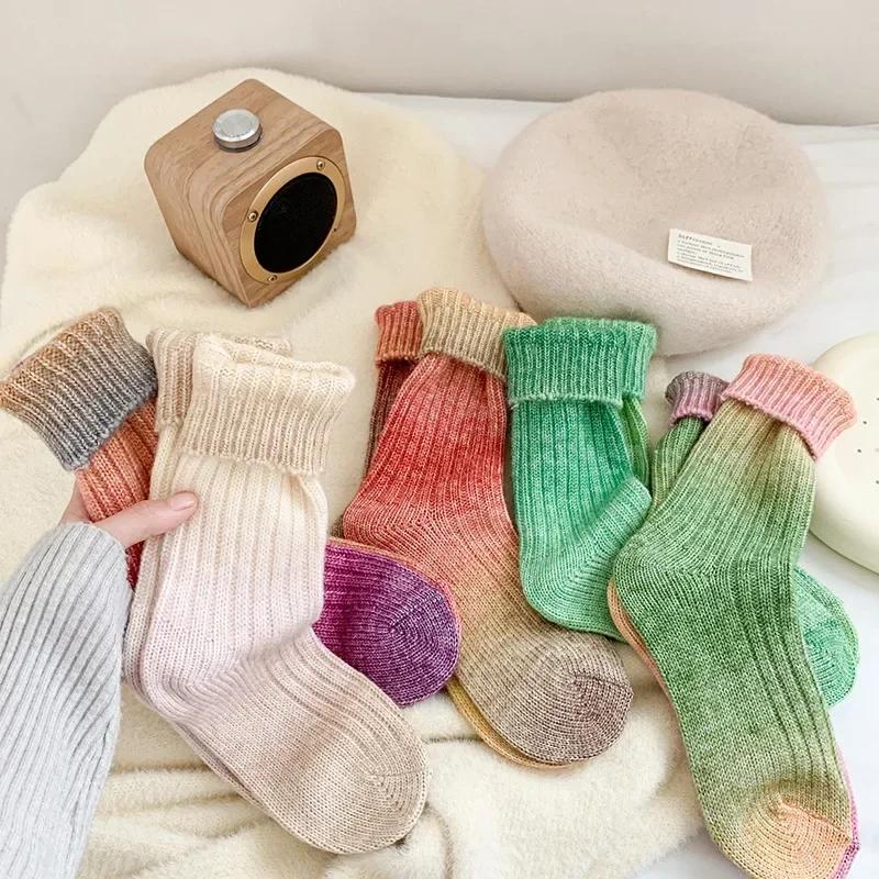 Winter Thick Warm Long Socks Gradient Wool Cashmere Kawaii Socks Women Thermal Floor Sleeping Socks New Year Gift Autumn 2024