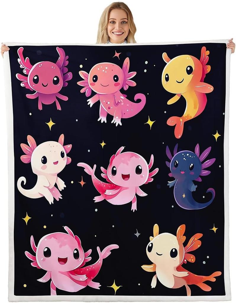 Cute Pink Axolotl Blanket Soft Fleece Throw Cherry Blossom Design Fantasy Art Kids Room Decor