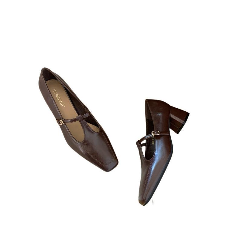 398-1 thick heel French square head Mary Jane single shoes women's shoes high heels