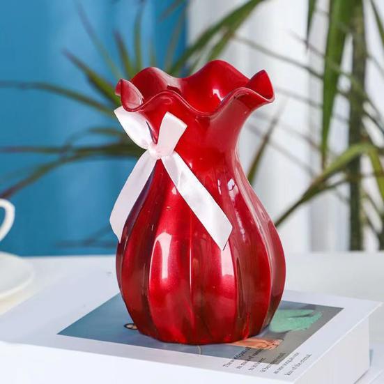 Легкая пластиковая ваза, небьющаяся ваза для цветов с гофрированным горлом, держатель для сухоцветов с бантом для спальни, гостиной, стола, декора