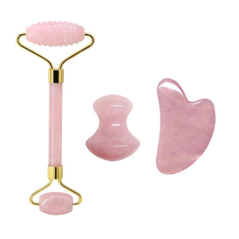 Natural Jade Stone Rose Quartz Jade Roller Gua Sha Facial Massager Set Gouache Scraper Body Wrinkle Remover Beauty Tools