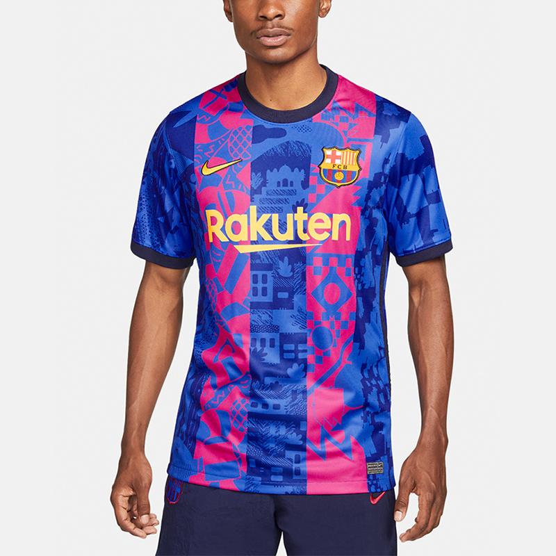 Nike Тренировочный спортивный футбольный трикотаж с короткими рукавами, Fan Edition, сезон 2021–2022 гг., Домашняя форма «Барселоны», мужские топы синего цвета DB5896-406
