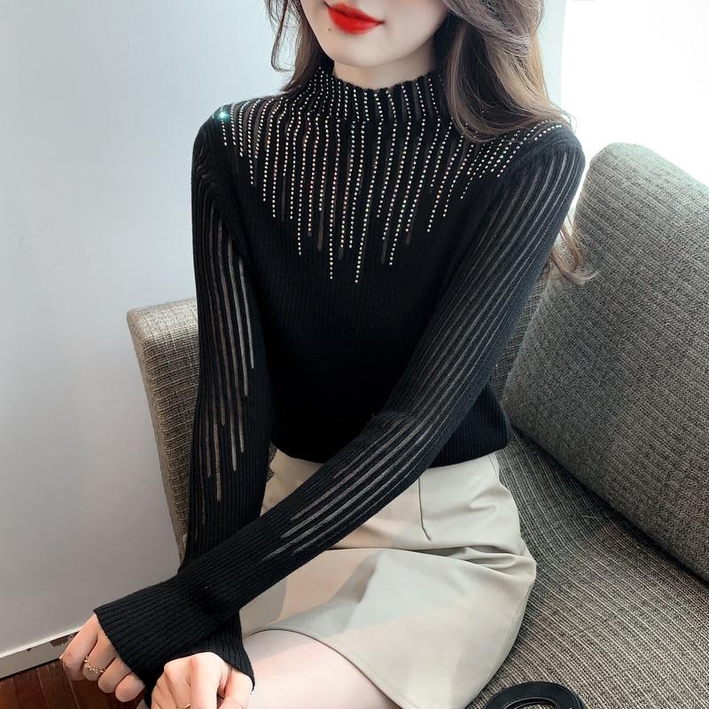 Топы с полувысоким воротником, женские пуловеры с длинными рукавами, осень и зима 2023, облегающий свитер, однотонная одежда 29091