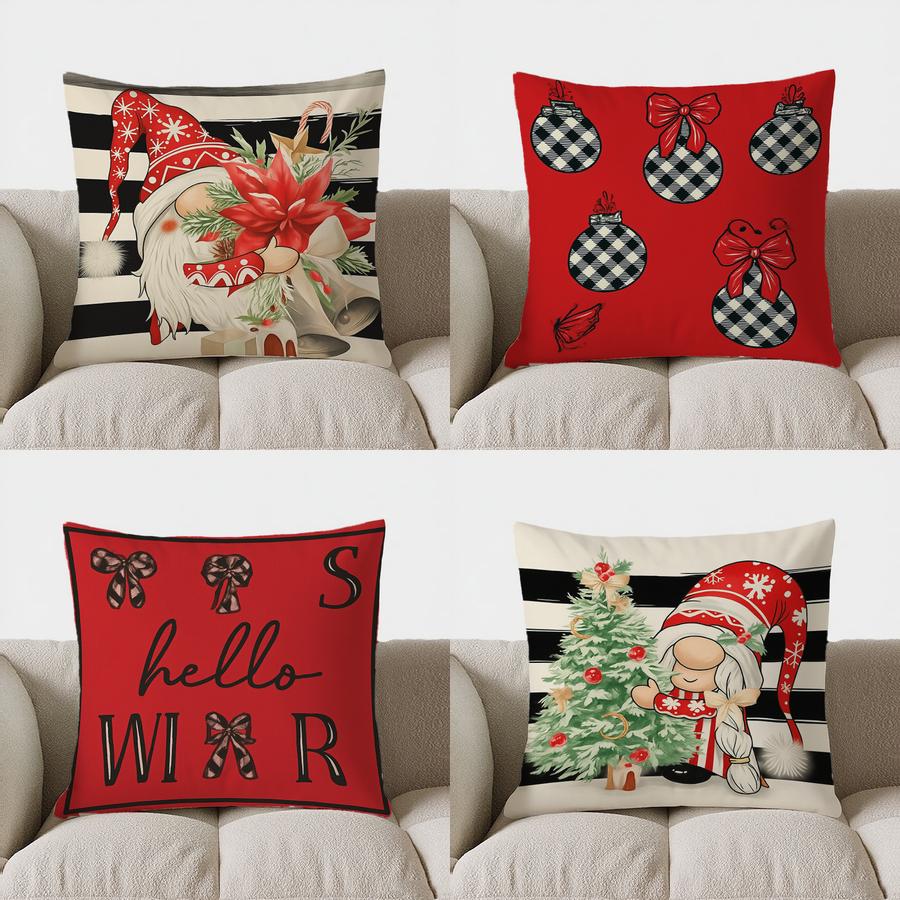 Home Decor Santa With Poinsettia Christmas Pillow Cover Pattern Cushion Cover Suitable For Sofa Bedroom Car Pillow Cover