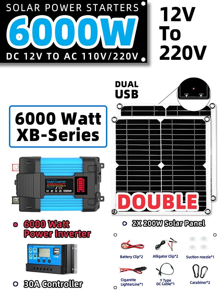 Солнечный комплект 6000 Вт инвертор 30A контроллер полный комплект зарядное устройство автомобильный солнечный генератор с солнечной панелью 5 В солнечная панель кемпинг дом