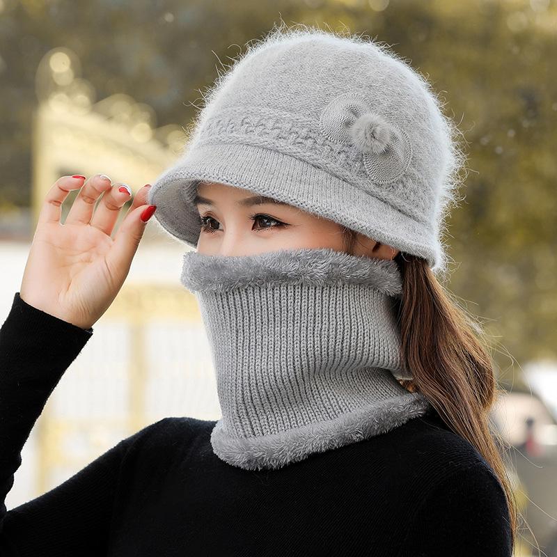 Женская осенне-зимняя вязаная шапка из кроличьего пуха с модным цветком