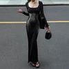 European And American Summer New Style Square Collar Pullover Long Sleeved High Waist Bag Hip Fishtail Sexy Elegant Dress