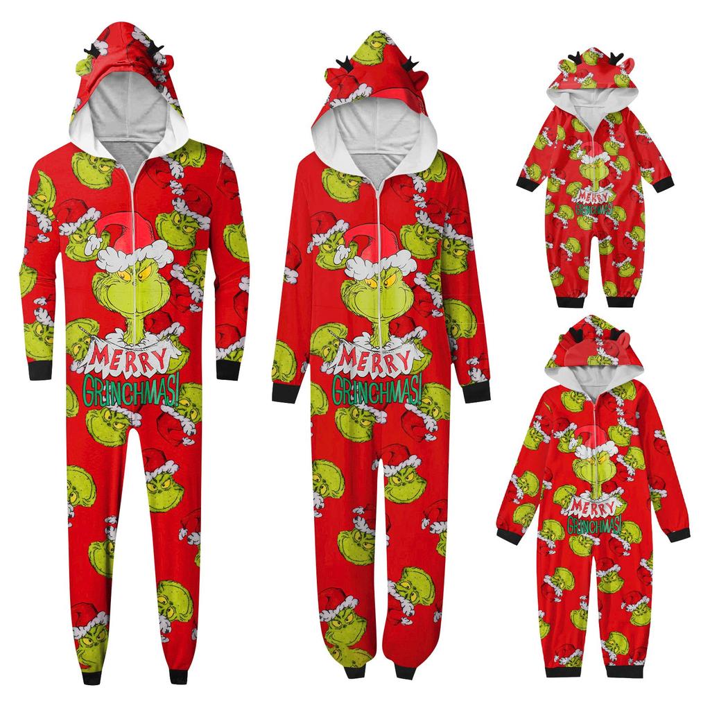 Christmas Print Family Matching Hooded Long Sleeved Zippered Jumpsuit Set