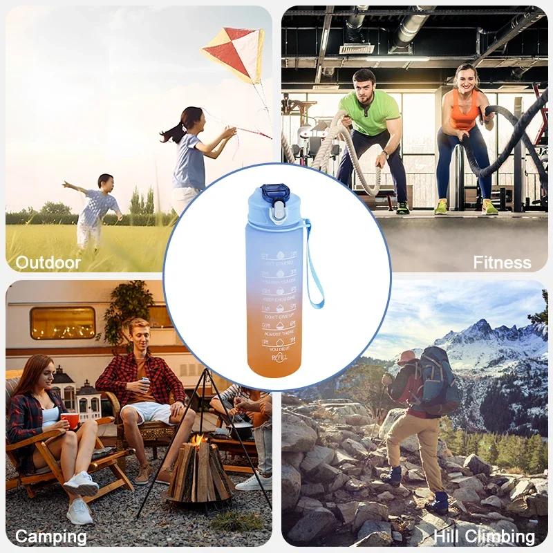 900/1000 мл Спортивная бутылка с временной шкалой, уличная, с градиентной расцветкой, портативная, для фитнеса, мотивационная, с соломинкой, кружка, не содержит BPA