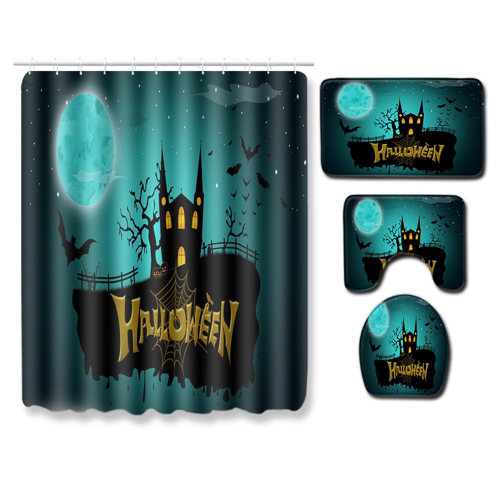 Halloween Shower Curtain Floor Mat Combination Four-Piece Set Bathroom Toilet Carpet Shower Room Foot Mat
