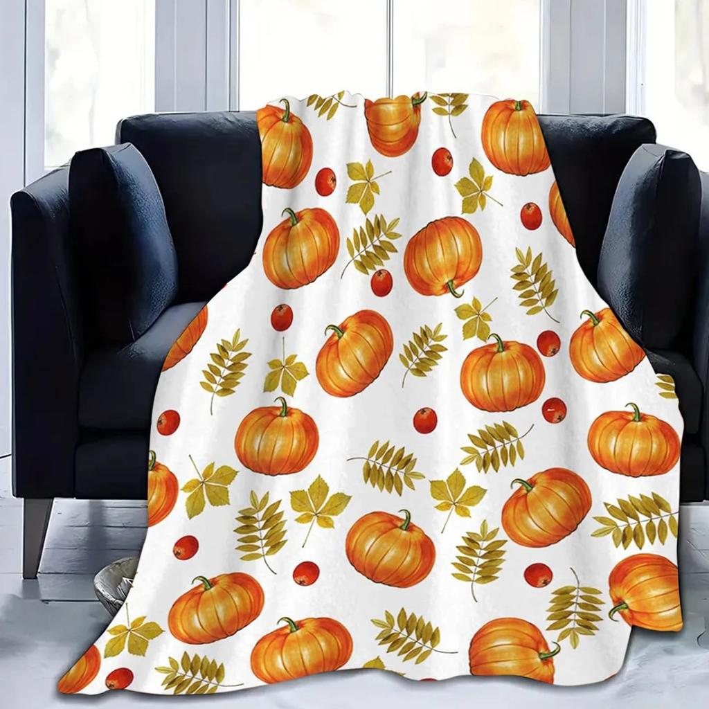 Fall Throw Blanket, Flannel Fleece Pumpkin & Maple Leaf Pattern Plush Shawl Blanket, Soft Lightweight Skin Friendly Decorative Throw Blanket