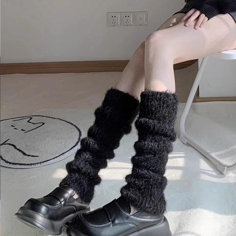 Women's Fuzzy Calf Socks Furry Slouch Leg Warmers Black and White Color Japanese JK Style Thickened and Warm for Autumn and Winter