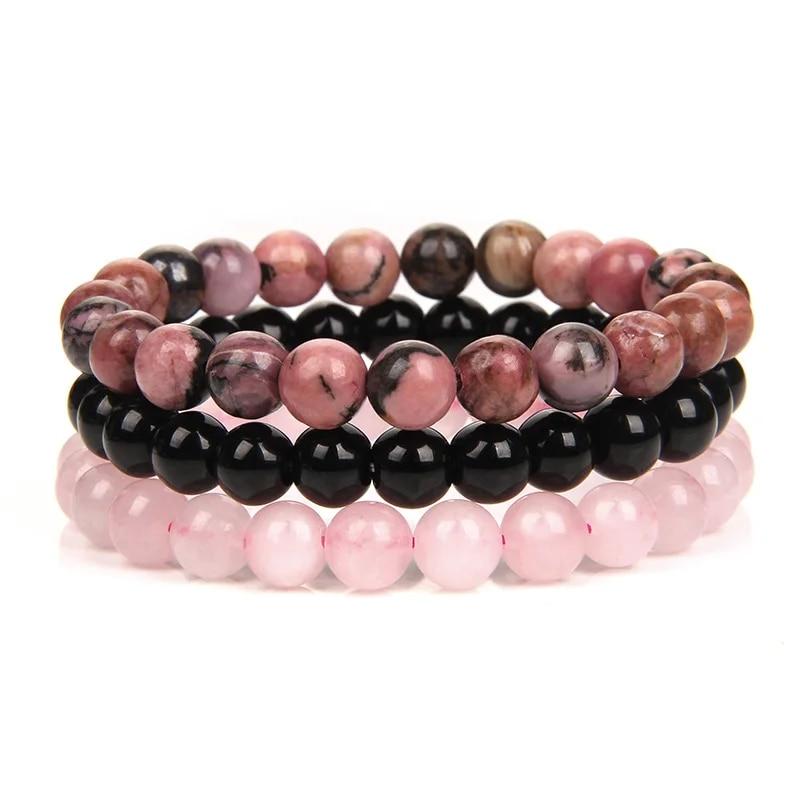 8mm Natural Stone Bracelet Set 3Pcs/set Rhodonite Rose Pink Quartzs Moonstone Amethysts Hematite Bracelets For Women Men Jewelry