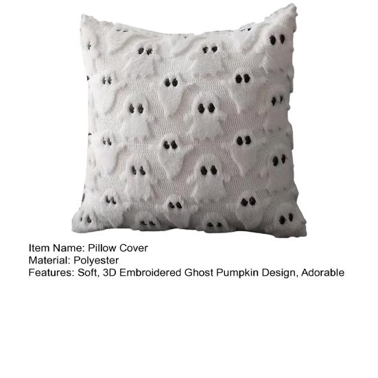 Halloween Decorative Pillow Cover Soft Plush Throw Cushion Case with 3D Embroidered Ghost Pumpkin Design for Couch Sofa Bedroom