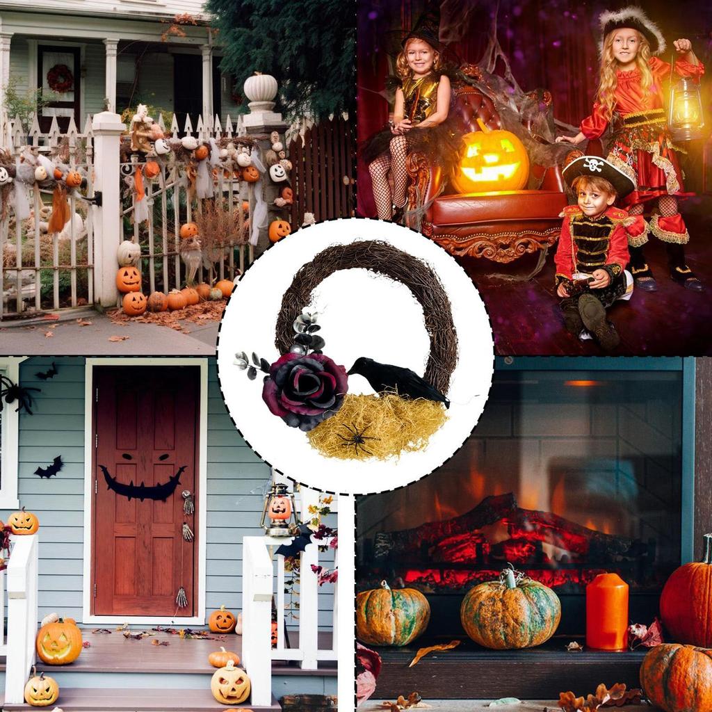 Halloween Wreath Simulation Plant Garland with Crow Vines Horror Party Festival Branch Wreath Hanging Room Halloween Decor