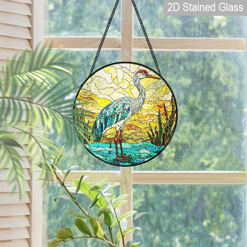 2D Flat Stained Glass White Crane Window Decoration, 7.87inches Animal Theme Colored Glass Plate with Chain, Charming Sun Catcher Home Decor, Unique