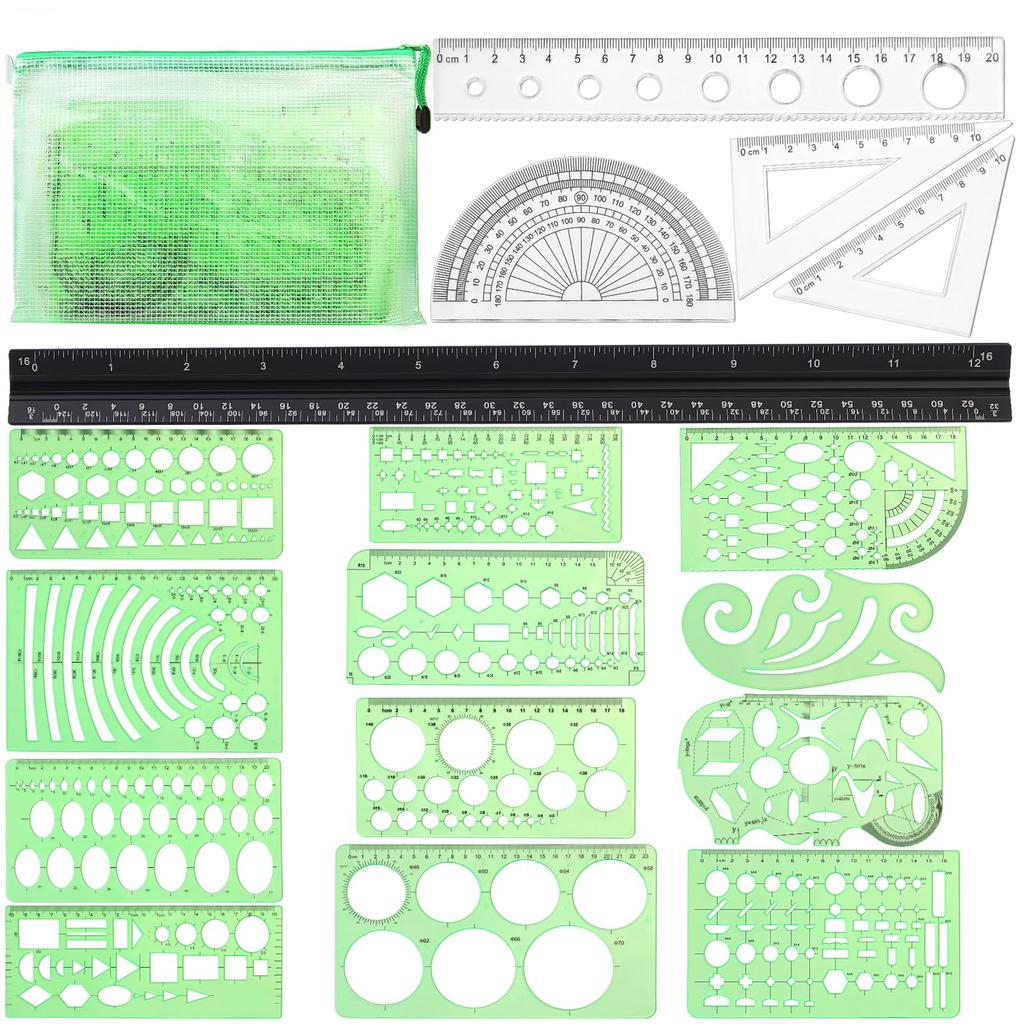 Fenrry 18Pcs Ruler Set Geometric Templates Drawing Tool with Bag Circle Stencils for Architect Scale Measuring Drafting