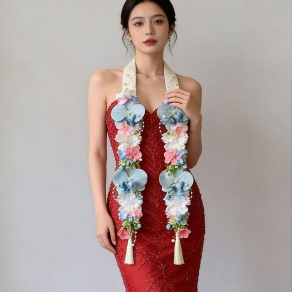 Silk Fabric Floral Shoulder Sash Satin Fabric Artificial Floral Garland Birthday Party