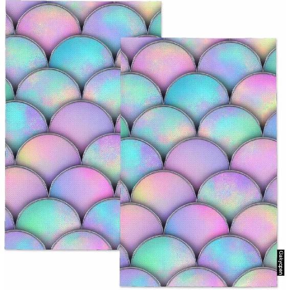 Mermaid Fish Scale Wave Kitchen Towels Set of 2 Japanese Watercolor Colorful Silver Line Scales 3D Dish Towels Absorbent Soft Hand Tea Bar Towels for