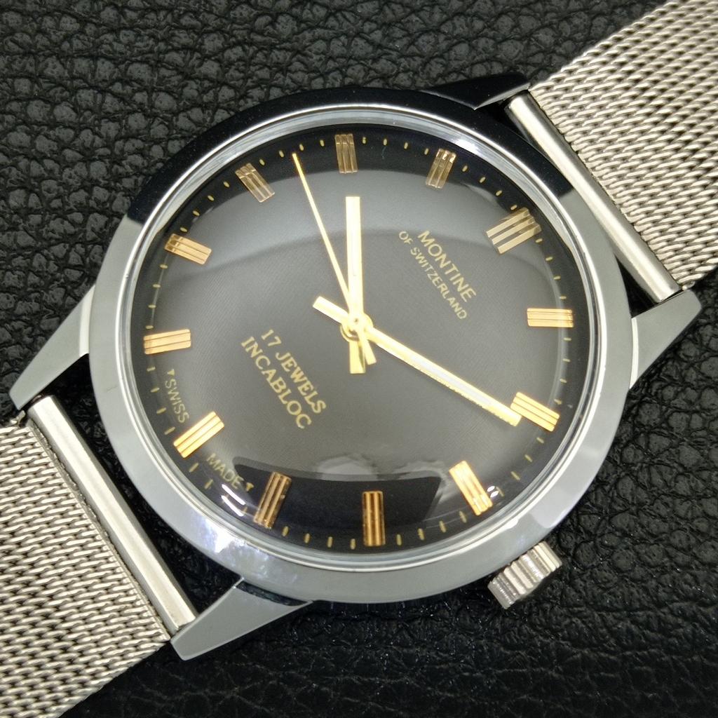 ШВЕЙЦАРСКИЕ ВИНТАЖНЫЕ МУЖСКИЕ ЧАСЫ MONTINE С РУЧНЫМ ПОДЗАВОДОМ, ВОССТАНОВЛЕННЫЕ, ЧЕРНЫЙ ЦИФЕРБЛАТ a441069-1
