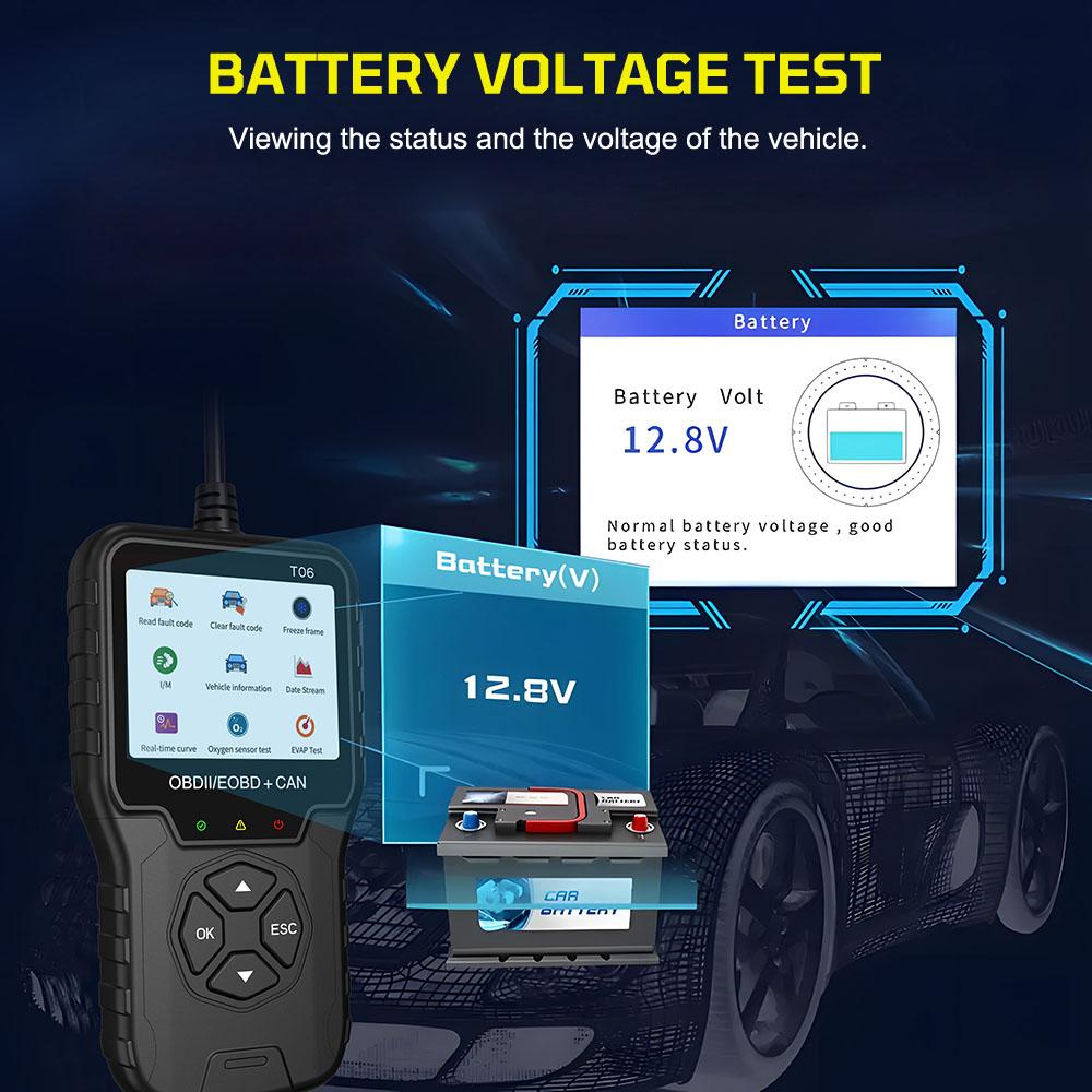Тестер аккумулятора. Проверка системы двигателя. Считывание информации об автомобиле. Многоязычная поддержка. Считыватель кодов. Автоаксессуары. Автомобильный диагностический инструмент. Сканер OBD2 T06.