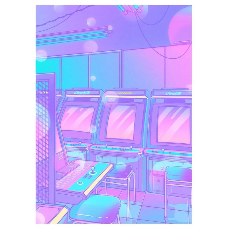 Постер в стиле 80-х Vaporwave Настенное искусство Городская ночь Улица Кошка Холст Живопись Принт Домашнее украшение Кавайная комната Декор Холст Картина