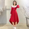 Christmas Performance Dress Fluffy Square Neck Pure Color A-line Irregular Hem Button Decor Festive Stage Show Santa Cosplay Costume New Year