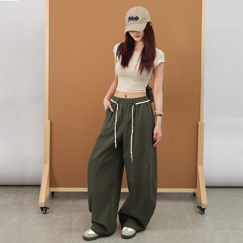 Retro Army Green Scimitar Casual Pants Women's Summer New High-waisted Loose Lazy Wind Wide-leg Trousers