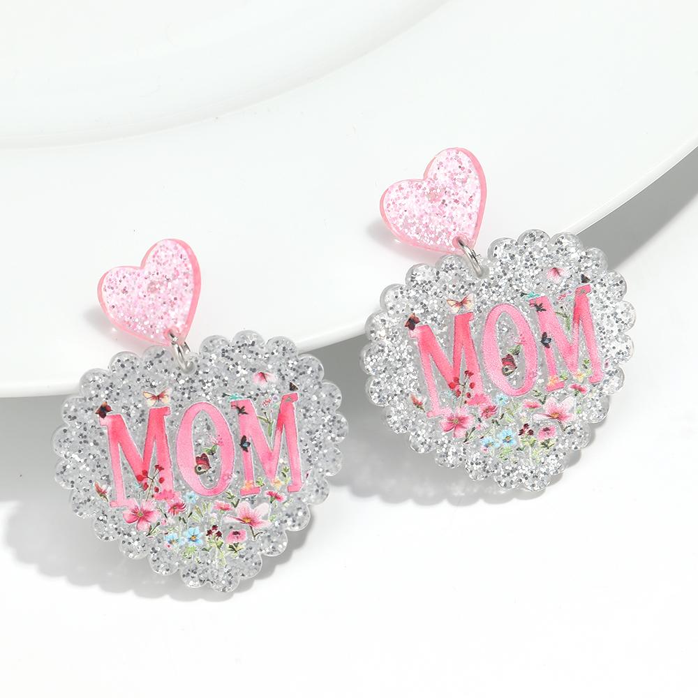 New Glitter Mom Heart Acrylic Drop Earrings for Women Cute Sweet Flower Love Statement Earring Fashion Jewelry Mother's Day Gift