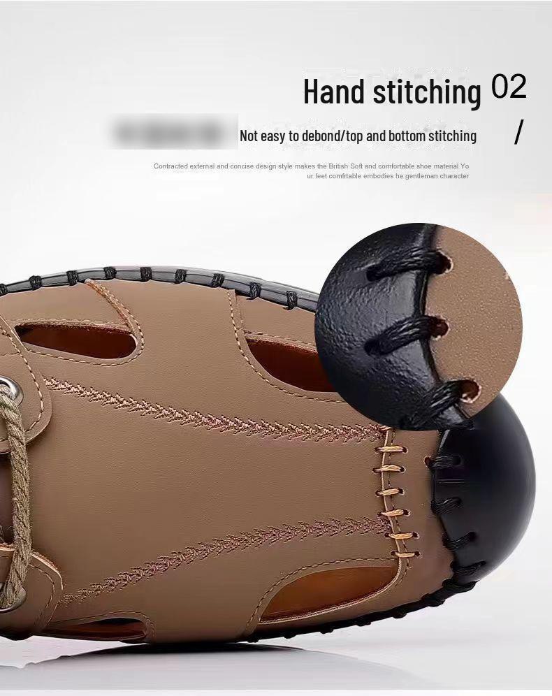 Мужские дышащие летние кожаные сандалии 2024 года — повседневный дизайн с полыми вставками