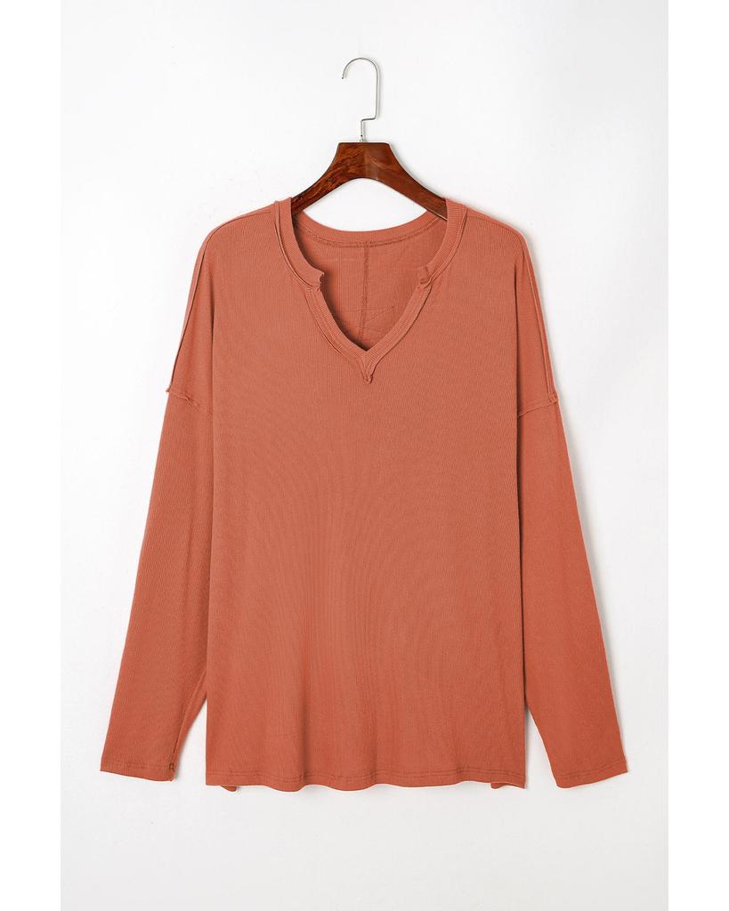 Azura Exchange Gold Flame Plus Size Exposed Seam V Neck Long Sleeve Top